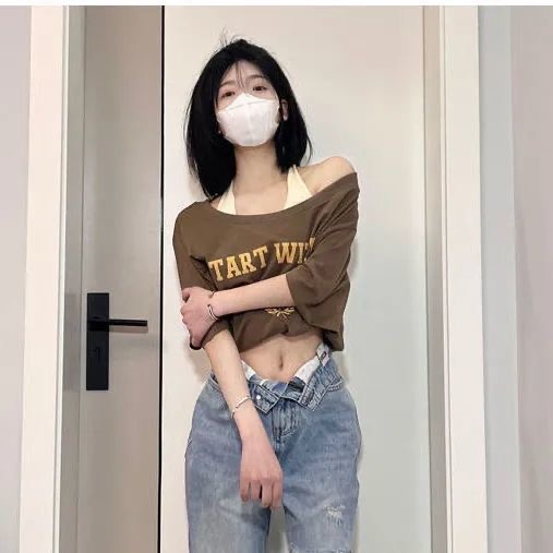 Áo Croptop Tay Ngắn Giả Hai Lớp In Họa Tiết Phong Cách Retro Mỹ Quyến Rũ Cho Nữ