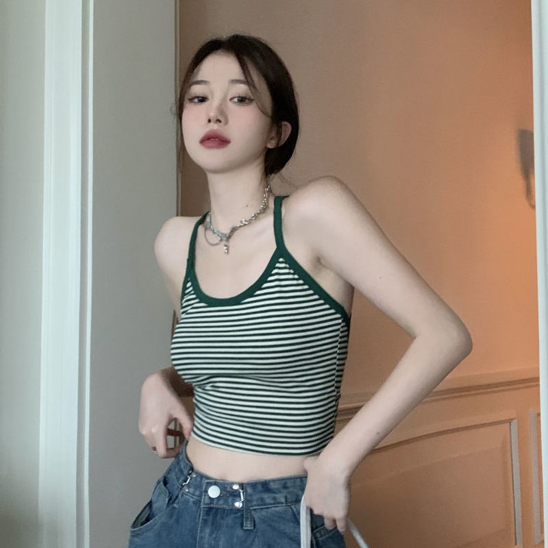 COZOK Áo Hai Dây Kẻ Sọc Màu Xanh Lá Gợi Cảm Cho Nữ