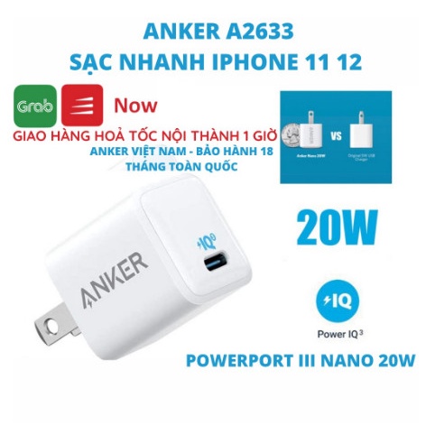 Củ Sạc Nhanh Anker 🔥CHÍNH HÃNG🔥A2634 A2633 20W,Cáp sạc nhanh A8632 A8832, iPhone PD 20W USB-C to Lightning