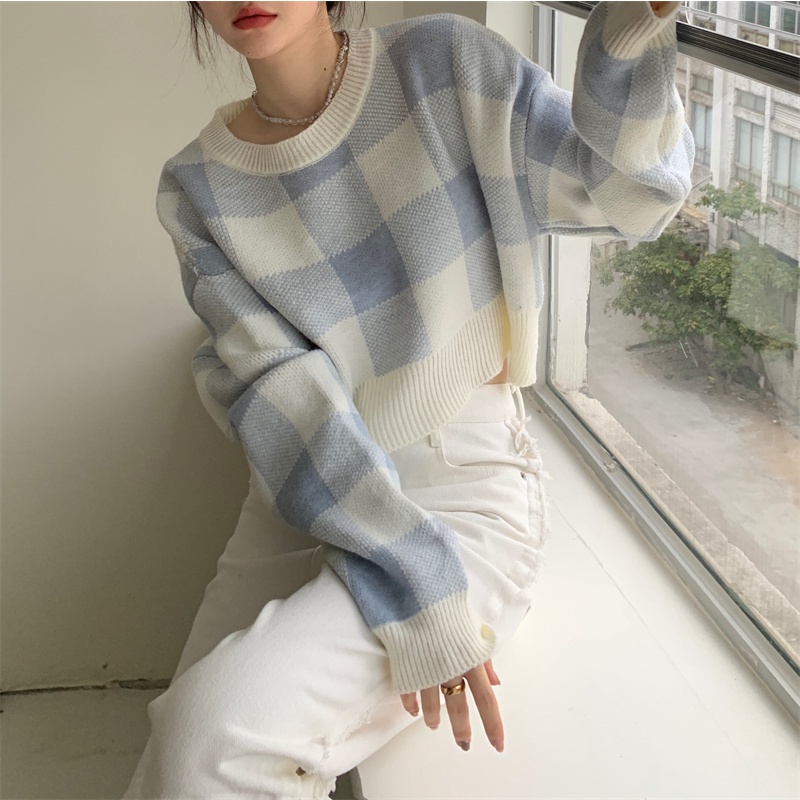 Áo sweater dệt kim cổ tròn tay dài dáng rộng họa tiết kẻ sọc thời trang dành cho nữ 46563