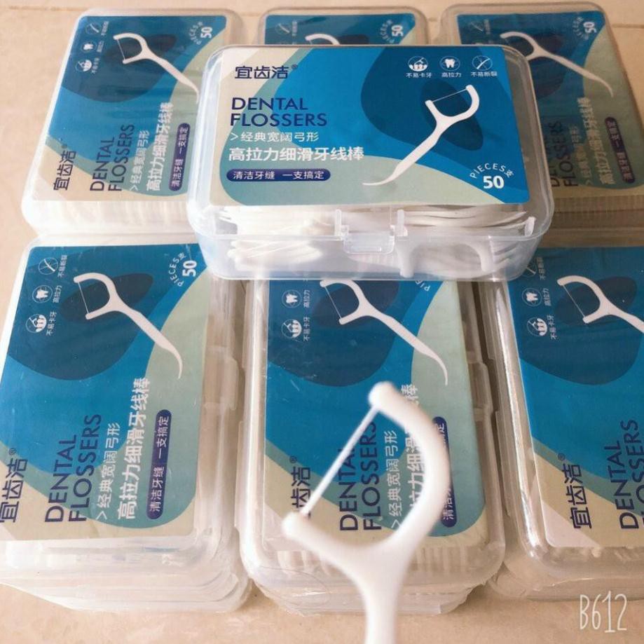 Tăm chỉ nha khoa DENTAL FLOSSERS hộp 50 chiếc tiệt trùng sợi chỉ mảnh chất lượng tuyệt đối S1975