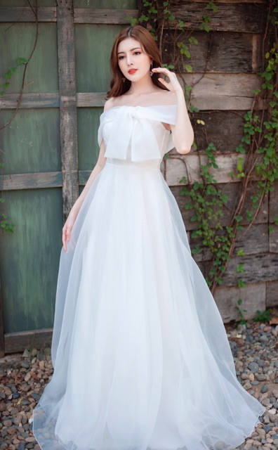 [🍀Free chỉnh sửa] Đầm dạ hội trắng trể vai thắt nơ phom Hàn Quốc 4 lớp phồng xoè dự tiệc/ cưới hỏi siêu xinh