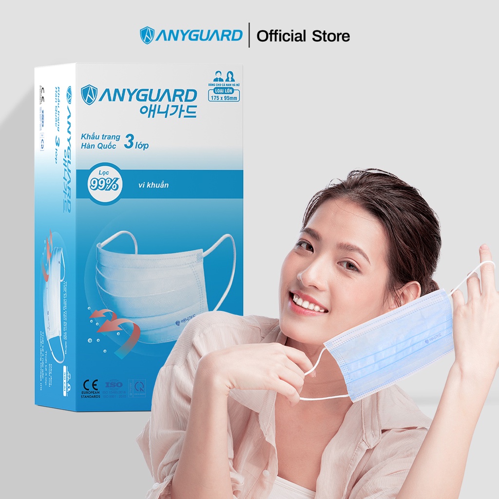 Khẩu Trang ANYGUARD Hàn Quốc 3 Lớp Chính Hãng - Lọc 99% Vi Khuẩn - Hộp 50 Chiếc Dành Cho Người Lớn