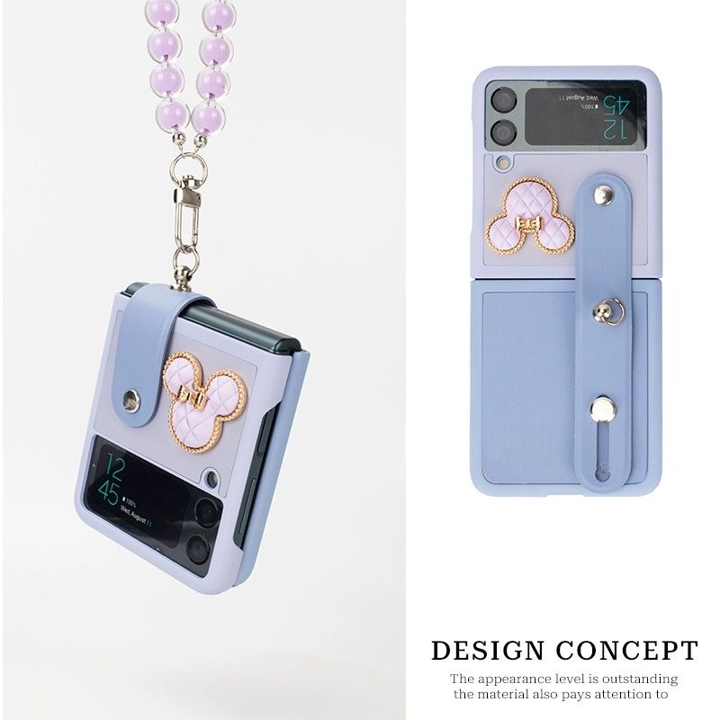 2 màu - Ốp Samsung Z Flip5 - Z Flip4 - Z Flip3 - Flip 4 mickey gold kèm quai da phối màu dễ thương