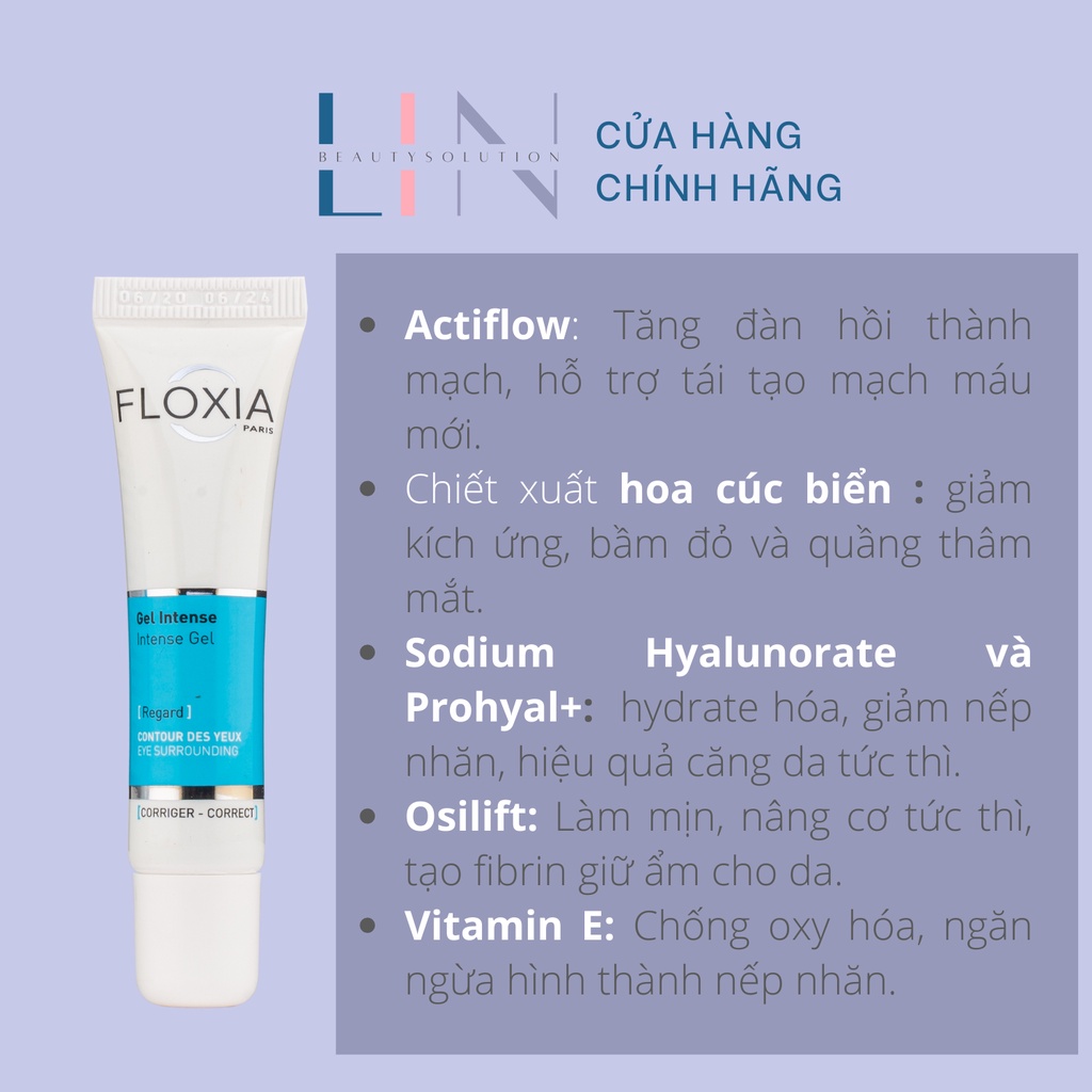 FLOXIA INTENSE GEL - dưỡng da vùng xung quanh mắt, giúp làm giảm bọng mắt, mờ quầng thâm và làm giảm nếp nhăn.