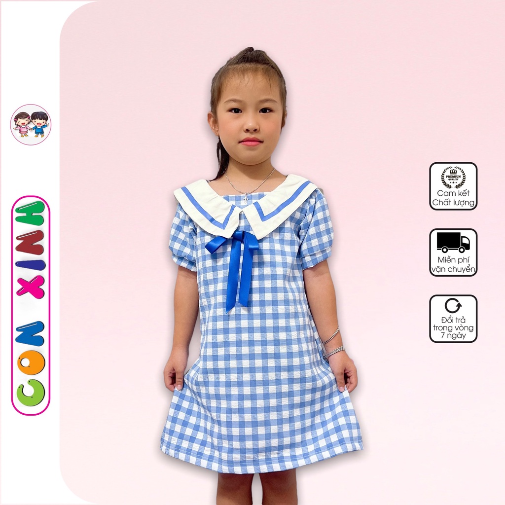 Đầm bé gái Con Xinh dáng chữ A họa tiết caro, đầm váy bé gái cổ Hải quân dành cho bé gái từ 4 đến 10 tuổi