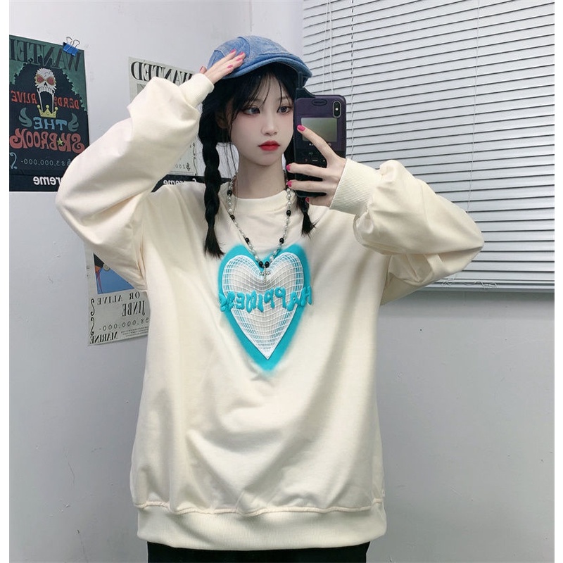 Áo sweater ZHELIHANGFEI tay dài dáng rộng họa tiết trái tim phong cách trẻ trung năng động