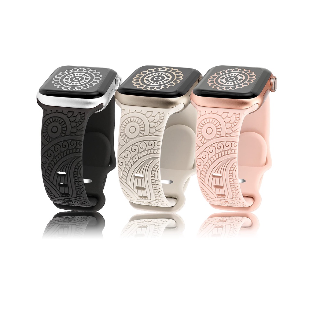 CZUB 3 Packs Floral Engraved Band Compatible with Apple Watch Band 38mm 40mm 41mm 44mm 45mm 42mm, Silicone Sport Flower Fancy Straps for iWatch Series 7/6/5/4/3/2/1/SE