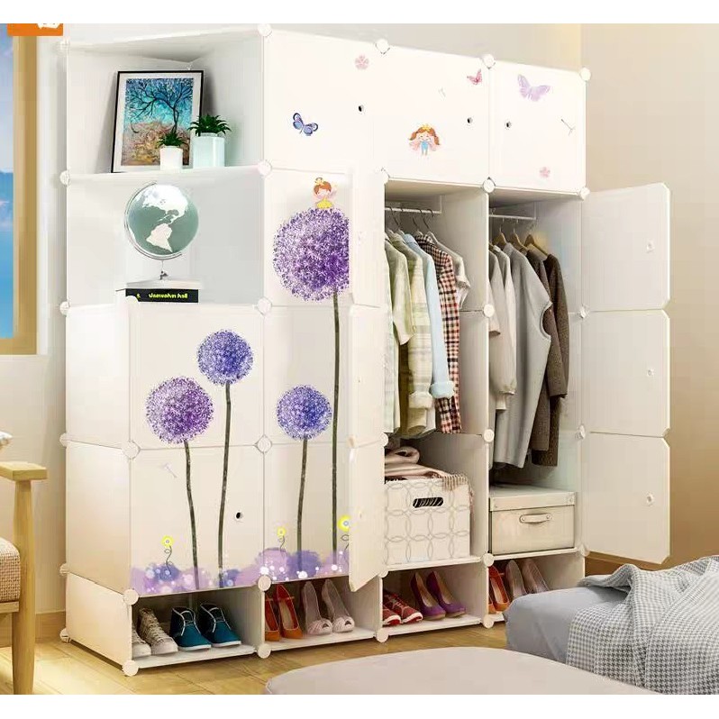 Tủ nhựa ghép 16 ngăn và 4 ngăn giày - Trắng cẩm tú cầu - 14N2X4G