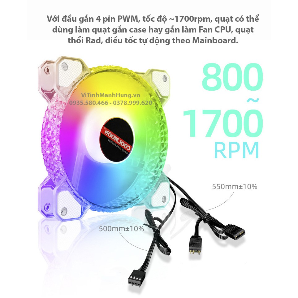 Quạt CoolMoon P3, 4 pin PWM + 5V ARGB, 12cm, 1700rpm, Led tâm.