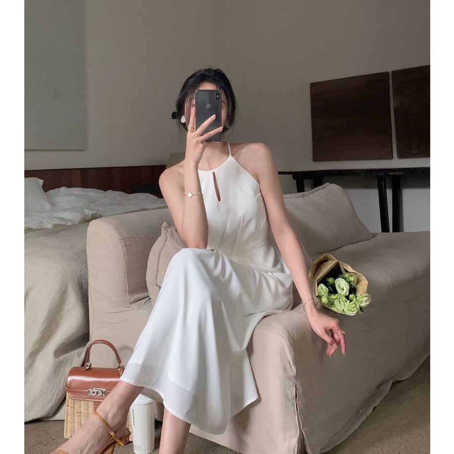 Đầm Trắng Cổ V Eo Cao Thời Trang Mùa Hè Cho Nữ