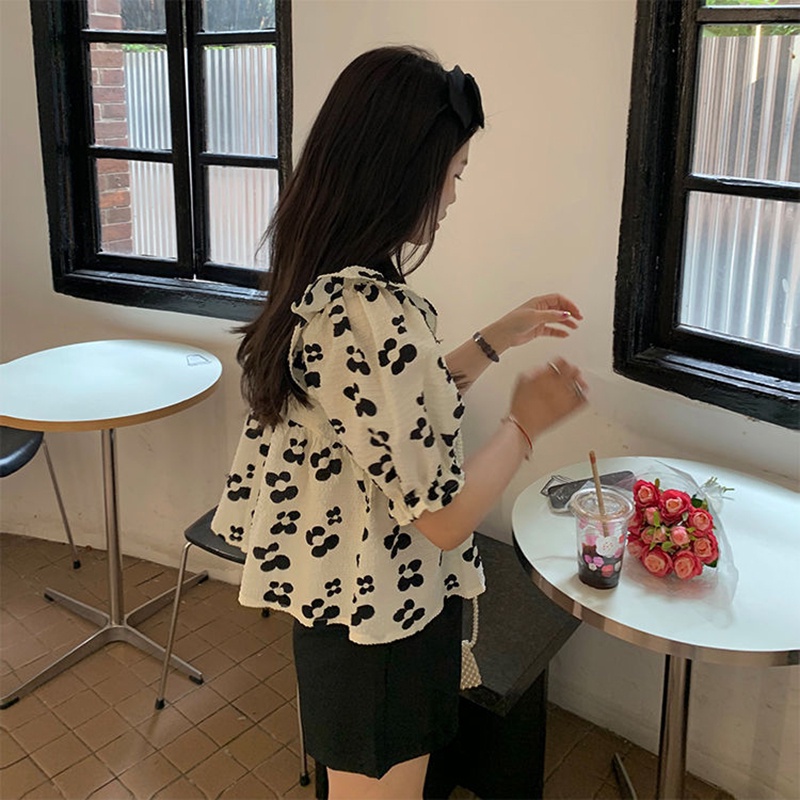 Áo kiểu IELGY cổ vuông tay ngắn phối bèo in họa tiết hoa thời trang Pháp cho nữ