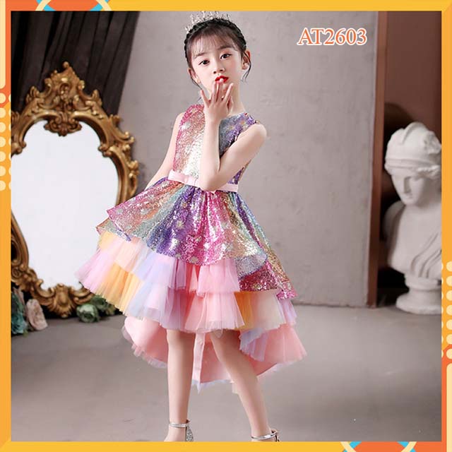 Đầm công chúa đuôi cá 7 sắc cầu vồng cho bé gái từ 14-40 kg thiết kế xinh xắn at2603