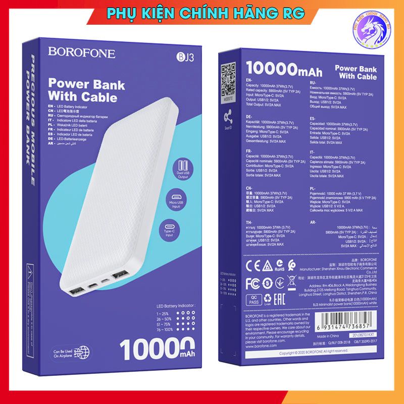 Sạc pin dự phòng giá rẻ Borofone BJ3 chính hãng dung lượng 10000 mah sạc dự phòng iphone sạc nhanh 2A bảo hành 1 năm