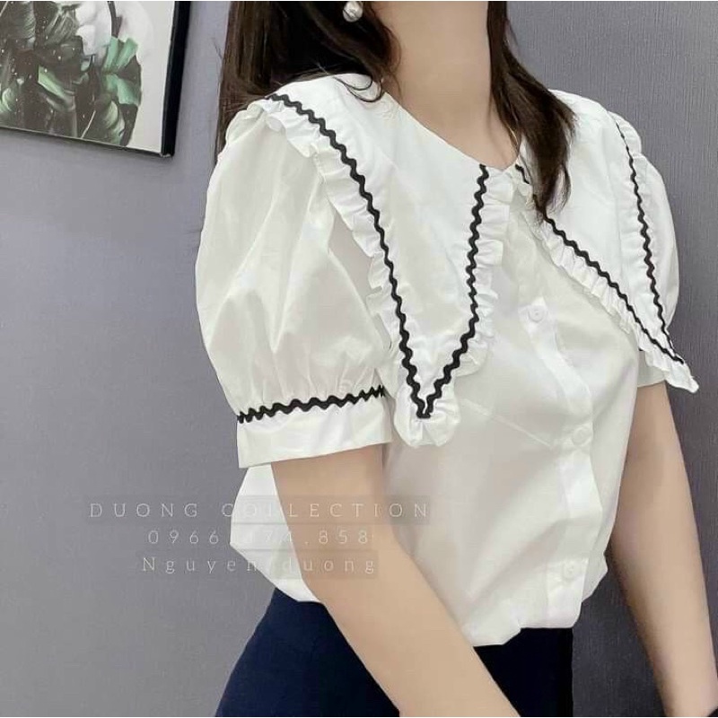 Áo sơ mi cộc tay cổ lá sen phối viền đen tay bồng cho nữ