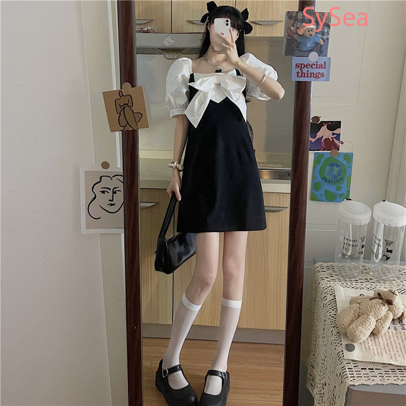 Đầm Ngắn Tay Cổ Vuông Phối Nơ Xinh Xắn Phong Cách Retro Dành Cho Nữ