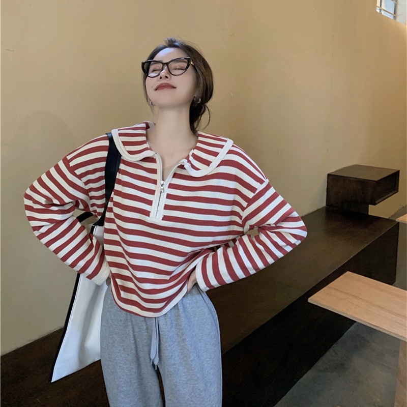 Áo polo tay dài dáng rộng kẻ sọc phối khóa kéo thời trang mùa thu phong cách Hàn Quốc | BigBuy360 - bigbuy360.vn