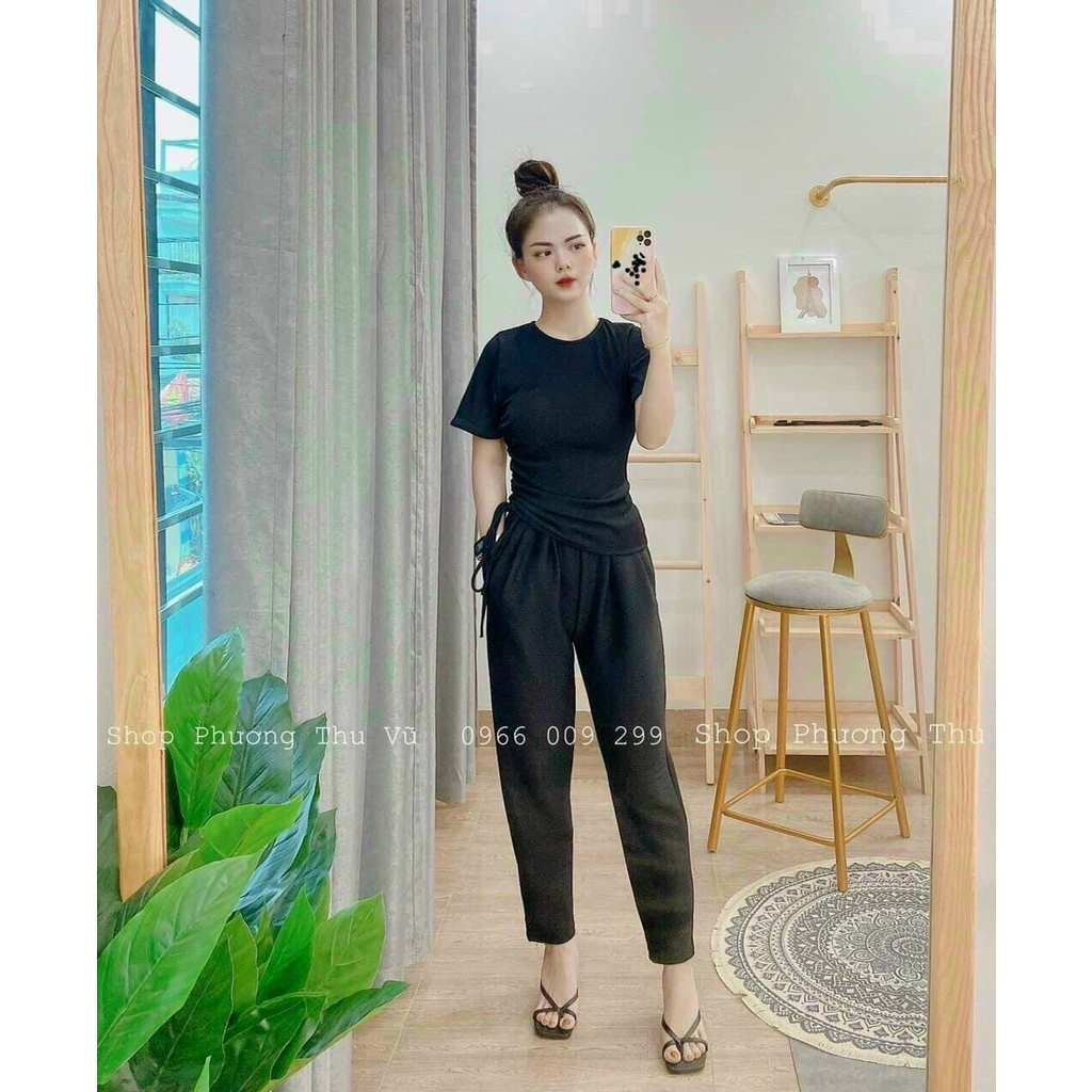 Sét bộ áo cộc quần dài áo 1 bên rút eo xinh xắn thanh lịch 3 màu nure đen và hồng nhạt