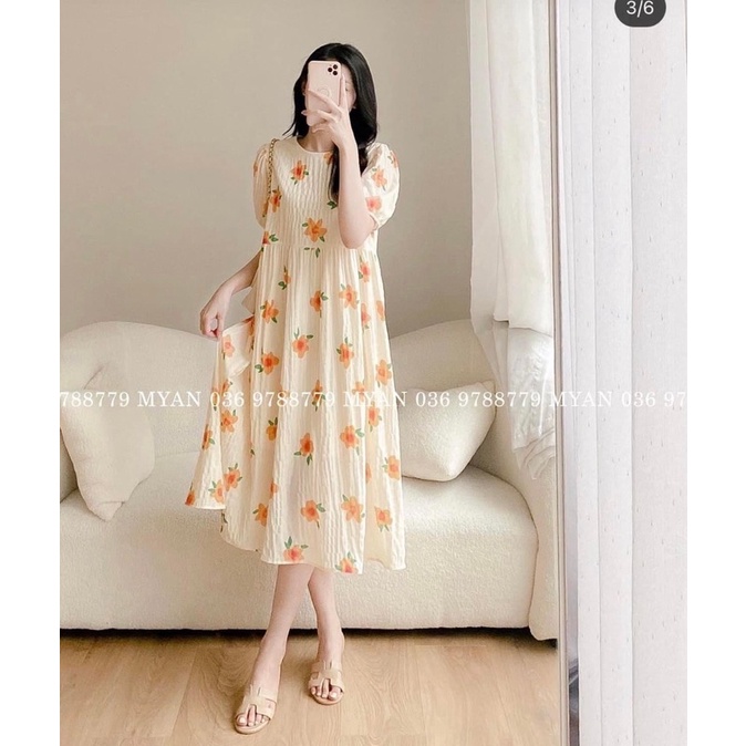 Váy babydoll dáng dài xòe tay bồng họa tiết hoa cam vải xốp tiểu thư siêu đẹp (TTA126)