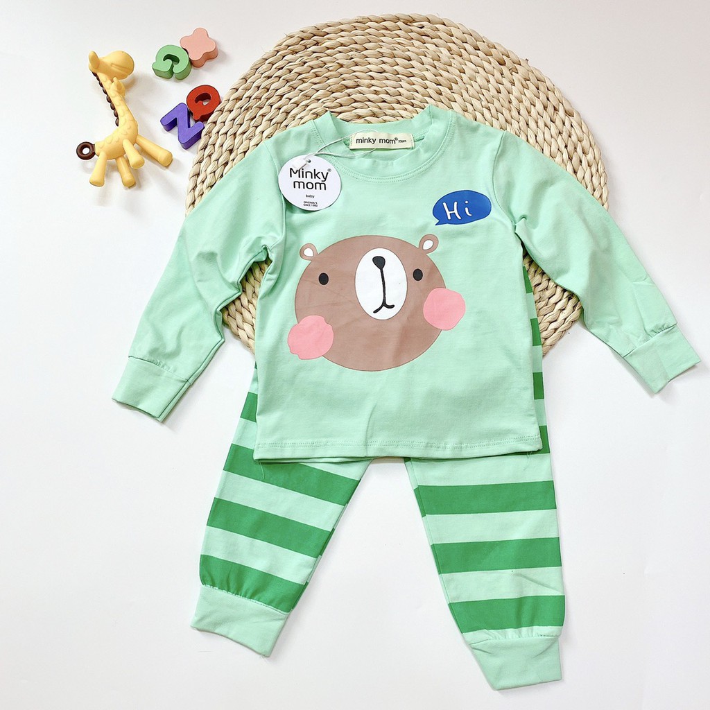 Bộ Cotton 100%  Minky mom in hình thú quần sọc cho bé trai và bé gái