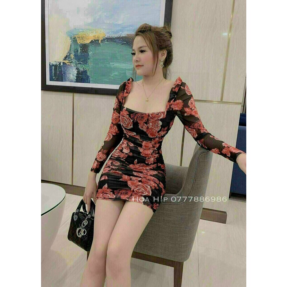 Đầm hoa ôm eo tôn dáng, đầm thun họa tiết hoa đỏ tôn dáng sang chảnh