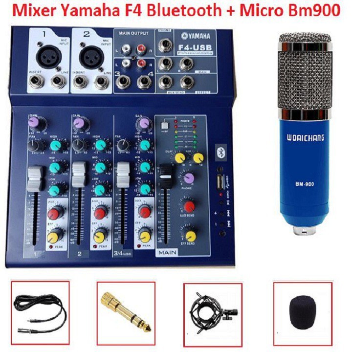 [Mã ELHACE giảm 4% đơn 300K] Combo Mixer Yamaha F4 Bluetooth, Và Micro Thu Âm Bm-900 hát Karaoke Online Tiếng Cực Hay