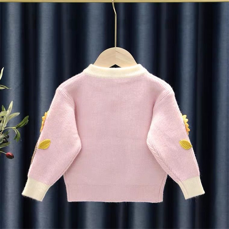 Áo Khoác Cardigan Dệt Kim Hoạ Tiết Hoa Hướng Dương Cho Bé Gái