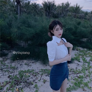 [ Hàng sẵn] ÁO CROPTOP SƠ MI TRẮNG CỔ CHOKER