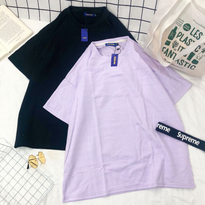 Áo thun cotton kẻ ngang MEANSTORE tee cổ tròn tay lỡ sọc phối màu pull oversize unisex form rộng nam nữ - Màu đen, tím