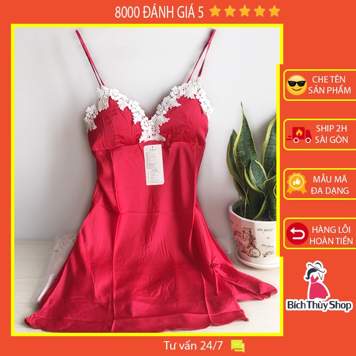 Váy ngủ hai dây ren ngực vạt xẻ tà có kèm mút ngực Kèm video thật shop tự quay cận chất vải