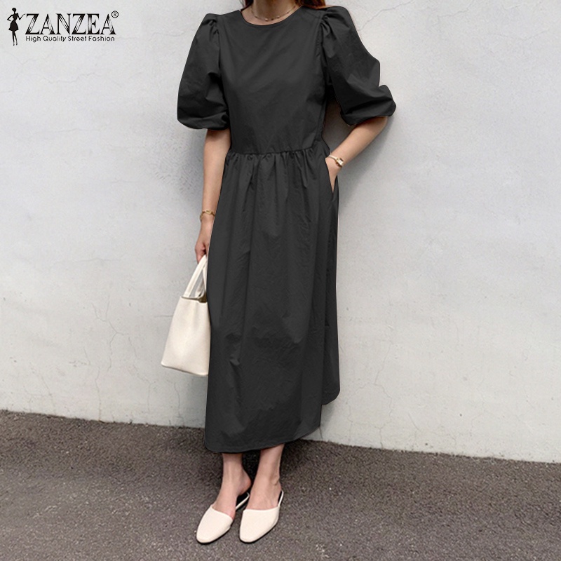 Đầm Zanzea tay phồng cổ tròn nút cài sau lưng thời trang cho nữ