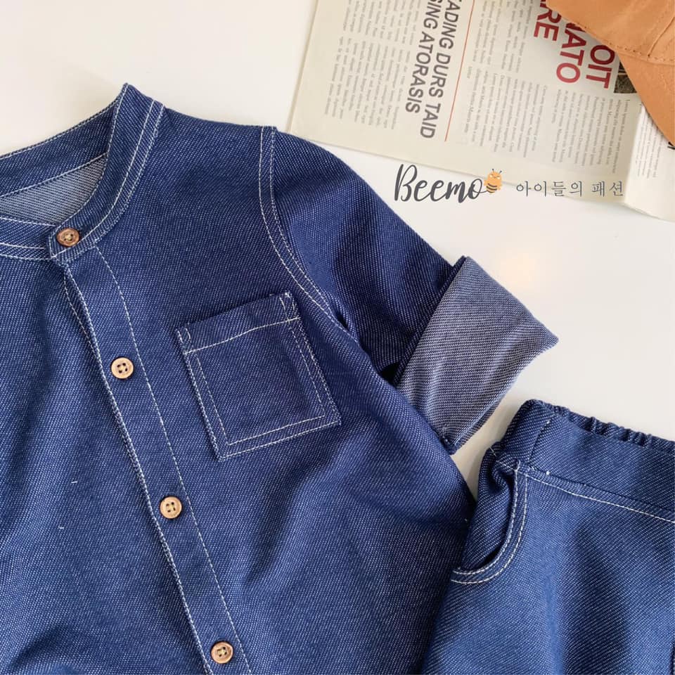 Set bộ bé trai da cá màu denim cổ tàu