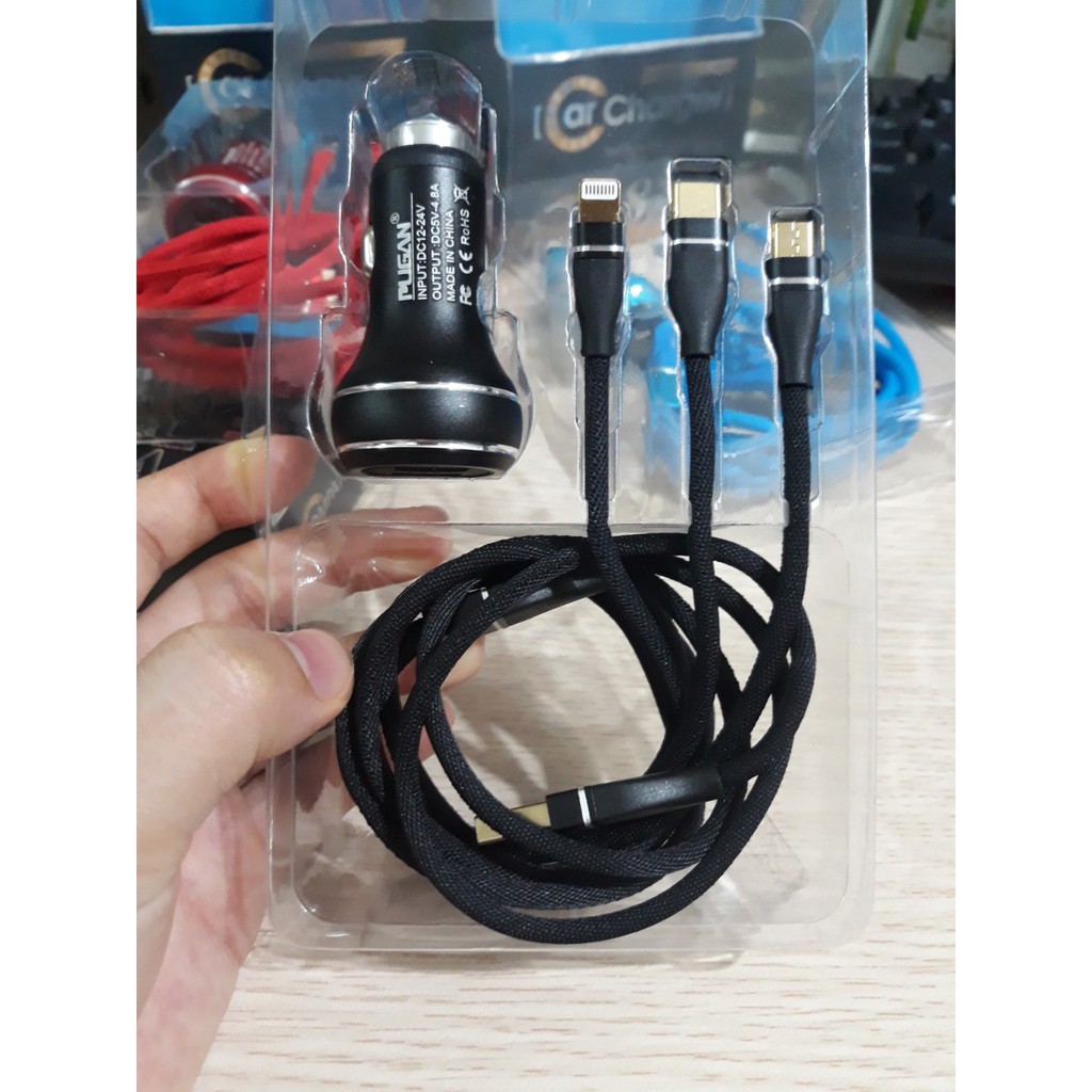 [Chính hãng Pugan] Tẩu sạc Pugan 4.8A dây sạc 3 đầu, sạc nhanh điện thoại và thiết bị điện tử, bộ sạc 3 trong 1 cao cấp
