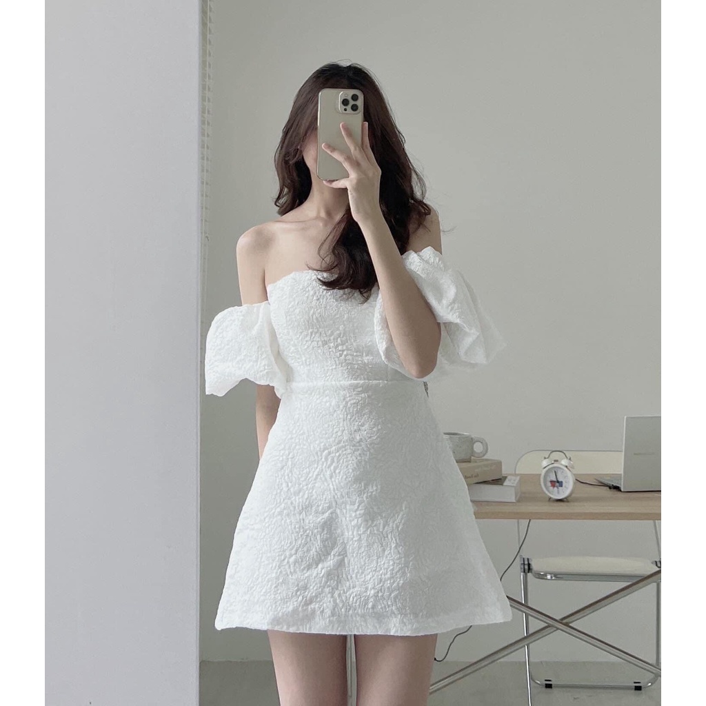 Váy Trễ Vai Xốp Hoa, Đầm Trắng Đen Tay Bồng Xinh Xắn