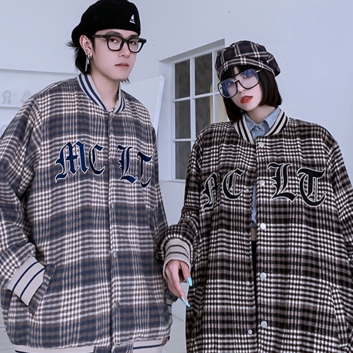 Áo khoác bóng chày kẻ sọc thời trang ca rô thêu chữ dành cho cặp đôi thời trang phong cách hàn quốc áo khoác nam lỏng lẻo giản dị retro