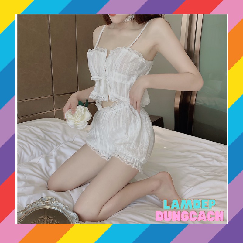 Đồ ngủ sexy nữ 2 dây Bộ ngủ hai dây Set ngủ vải đũi mỏng màu trắng gợi cảm bộ thô đũi