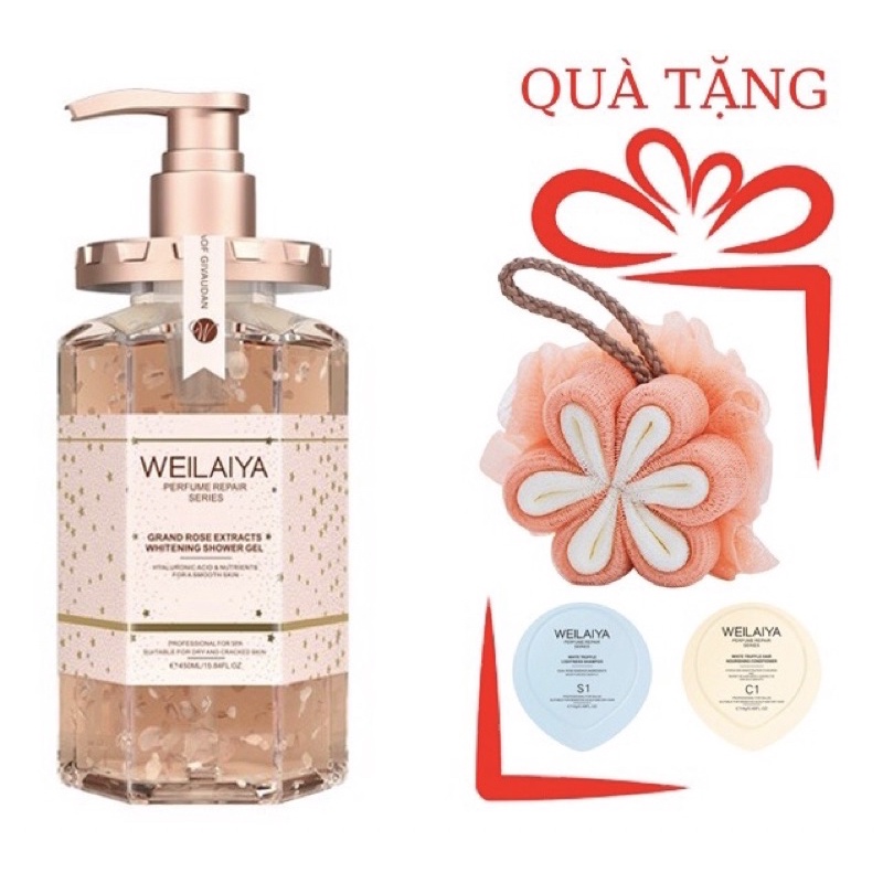 Sữa Tắm Trắng Da Weilaiya cánh hoa hồng tặng kèm bông tắm và set mini gội xã phục hồi Nấm Truffue Weilaiya chính hãng