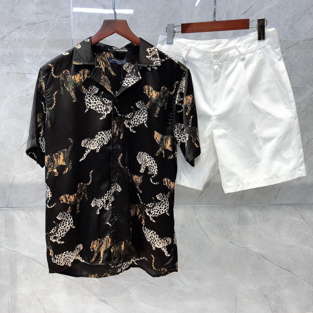 Áo sơ mi nam đen họa tiết BÁO vải lụa thoáng mát, thấm hút, không nhăn, form RỘNG | BigBuy360 - bigbuy360.vn