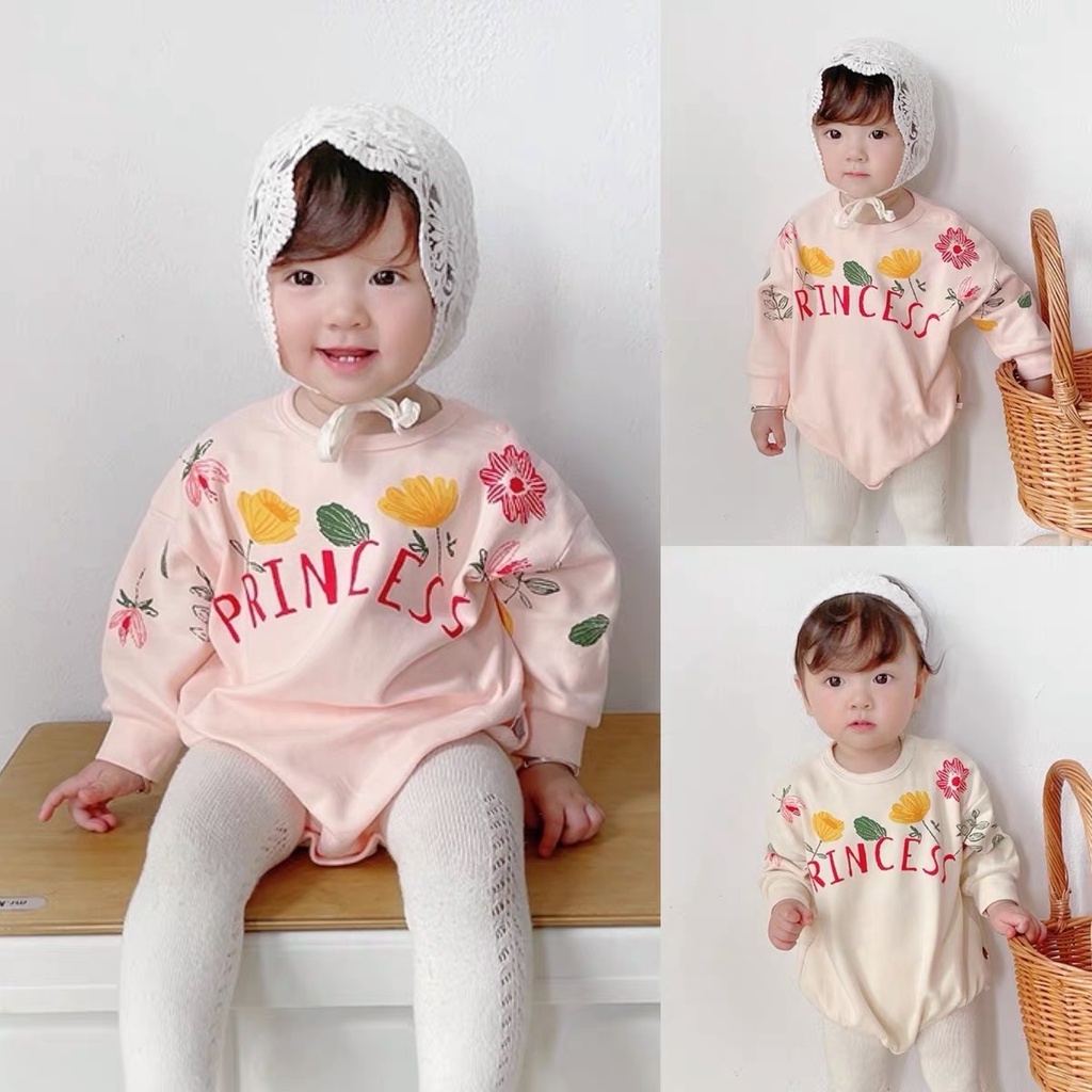 Áo liền quần dài tay in hoa đáng yêu cho bé gái 0-24 tháng