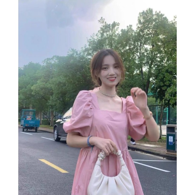 Váy babydoll màu Hồng, cổ vuông tay phồng hàng Quảng Châu siêu xinh - Có sẵn