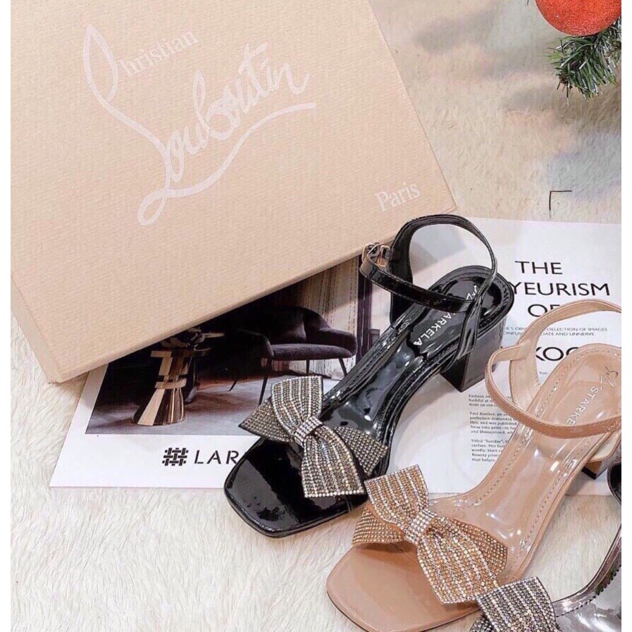 DÉP sandal quai ngang đính nơ gót bọc 6 phân siêu đẹp