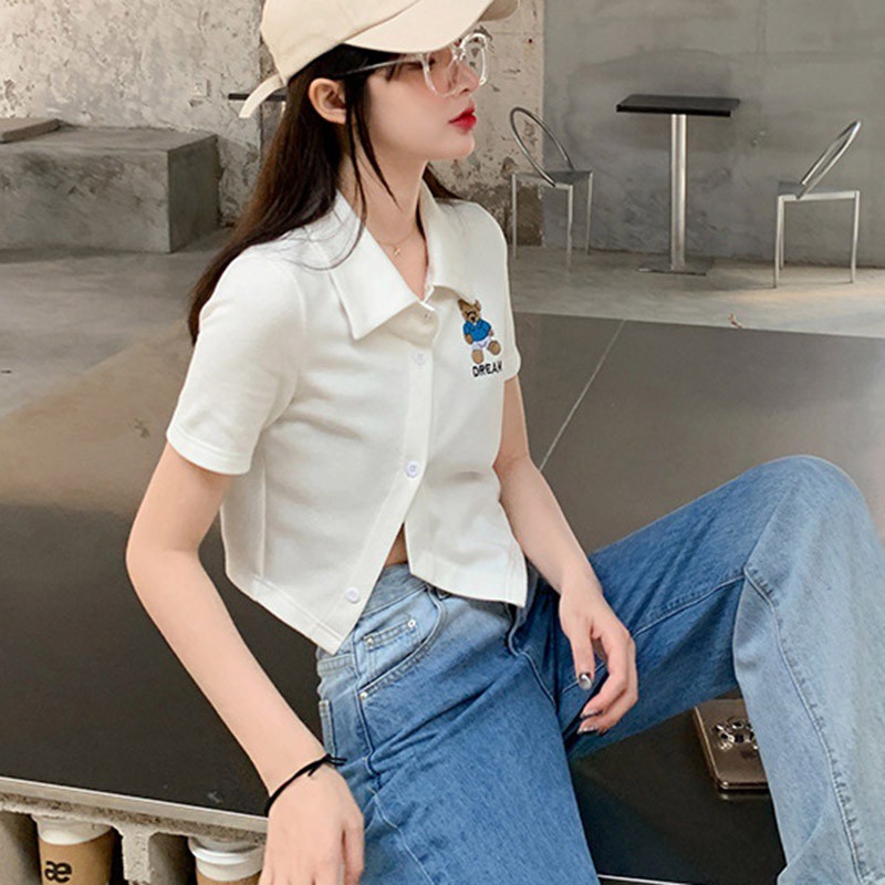 Áo croptop nữ polo đính cúc cách điệu vạt chéo cực xinh