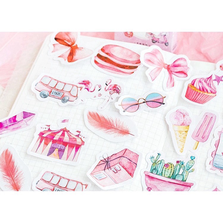 [HD29] Bộ 46 hình dán sticker Màu Hồng dễ thương trang trí sổ tay DIY