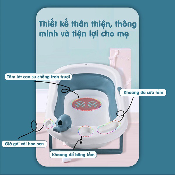 Free ship chậu tắm gấp gọn cho bé kèm phao tắm size lớn 9baby màu xanh than - ảnh sản phẩm 4