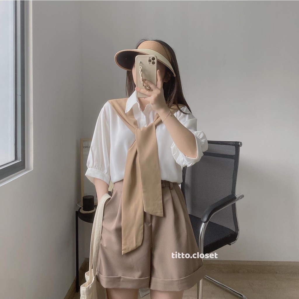 Áo Sơ Mi Kèm Khăn Tay Bồng Phong Cách Hàn Quốc - Titto Closet