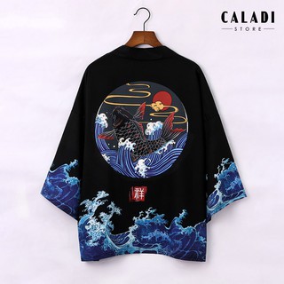Áo khoác cardigan Kimono Haori đi biển hoạ tiết cá chép Koi xanh