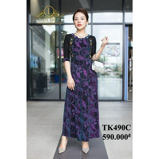 VÁY TRUNG NIÊN - ĐẦM TRUNG NIÊN CAO CẤP - THỜI TRANG TRUNG NIÊN - LADYSHOP - Maxi nhũ sườn đen cành hoa tím đính đá