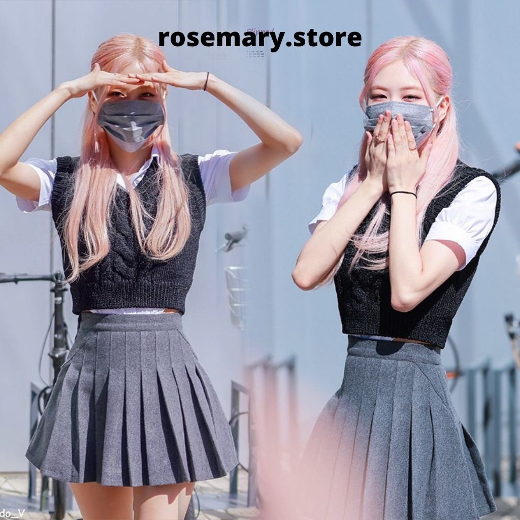 Set Áo Lửng Gile Áo Sơ Mi Trắng Tay Phồng Và Chân Váy Xếp Li Thời Trang Dành Cho Nữ Rose Blackpink