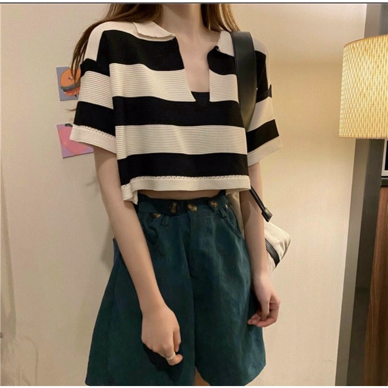 Áo montoghi kẻ cổ bẻ khoét Quảng Châu dáng croptop LEN SỌC