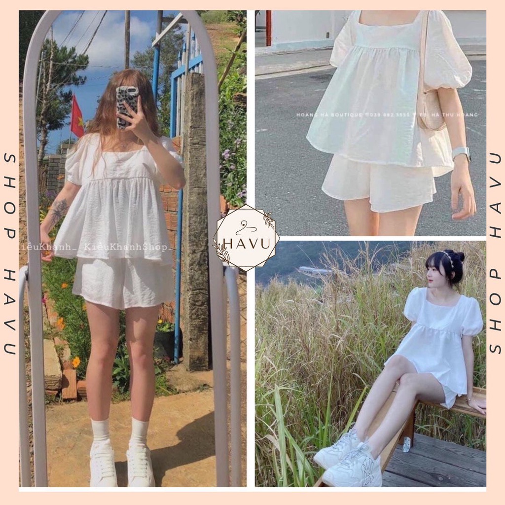 Set babydoll thô lụa kèm áo buộc dây lưng bánh bèo màu trắng nữ - Set quần short suông cộc mix áo cộc tay form rộng trơn